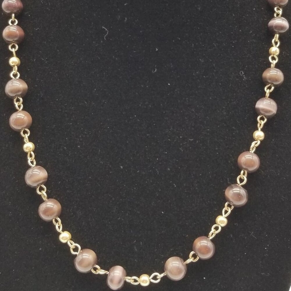 Purple Beaded Cat Eye Silver Tone Accented Necklace